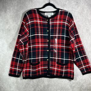 Vintage Crystal Kobe Cardigan Sweater Womens L‎ Red Plaid Knit Button Schoolgirl